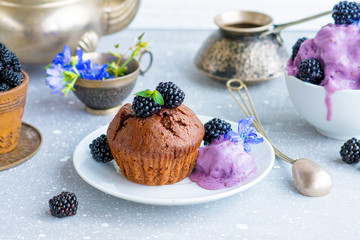 chocolate muffin with blackberry ice cream, lilac food, dessert