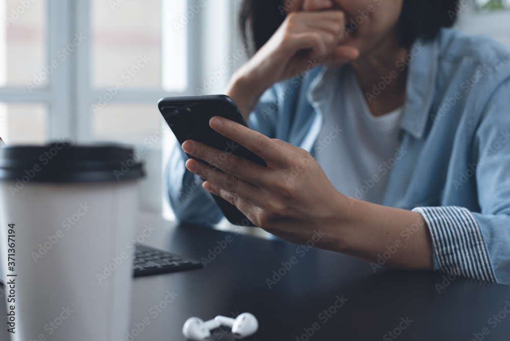 Sticker business woman using mobile phone working in office