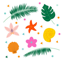 Fototapeta na wymiar Set of summer elements, monstera, palm, shell, starfish, flowers. Blank for postcards and banners. Flat vector illustration.