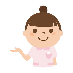 女性看護師のイラスト。手を使って案内してる女性。