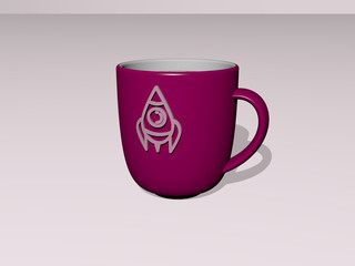 3D illustration of ROCKET icon embossed on a coffee cup over a white background having shadows. for space and concept