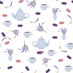 Seamless vector illustration with a cup of tea, teapot,cake and lavender