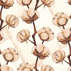 Vintage cotton flower plant sepia sketch seamless pattern texture background