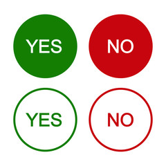 Yes and no vector button set. Red and green round shape icon. Poll and voting choice buttons. Panel checkout symbol sign. isolated on white background.