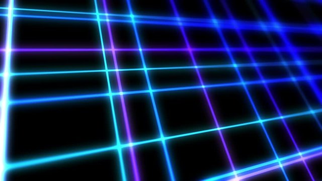Bright technology of blue neon lines. Business concept. 3D rendering of rotating squares crossing on black background. Loop animation.