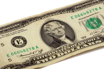 two dollar bill made in 1976 on a white. close up