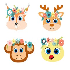 set of animal faces vector illustration  flower wreath on head