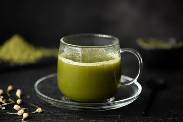 green matcha in a glass cup