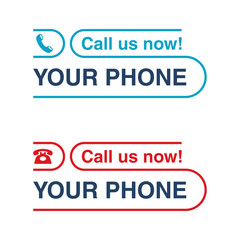 Call us and contact us web button - template for phone number block in website header  - conspicuous sticker with phone headset pin form pictogram and sample text