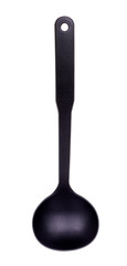 Black plastic ladle, kitchen utensil, isolated on white background.