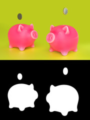 Two piggy banks over salad green background with one euro coins. 3d rendering illustration. Alpha Channel mask.