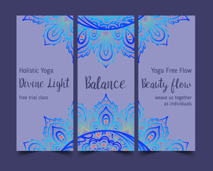 Stretch and Strenghth. Yoga card design. Colorful template for spiritual retreat or yoga studio. Ornamental business cards, oriental pattern. Vector illustration