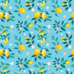 Lemon branches and fruits on a blue background. Decorative seamless pattern