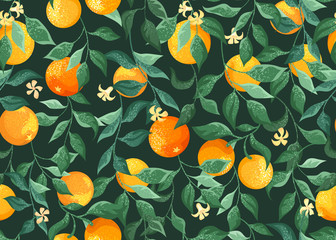 Orange trees, branches with flowers on a green background. Decorative seamless pattern, tropical style.