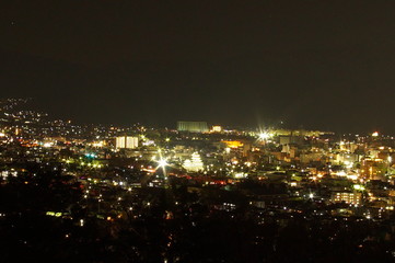 Aerial night panorama of the town called, SUWA in Nagano, Japan