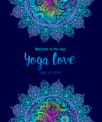 Yoga card design. Colorful template for spiritual retreat or yoga studio. Ornamental business cards, oriental pattern. Vector illustration