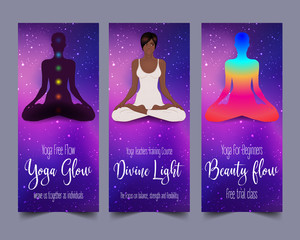 Yoga card design. African American woman in lotus pose. Colorful design template for spiritual retreat or yoga studio. Ornamental business cards, oriental pattern. Vector illustration.