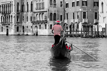 
typical Venetian tourist boat called Gondola, photos in black and white with red details highlighted