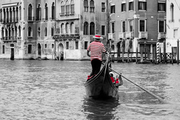  typical Venetian tourist boat called Gondola, photos in black and white with red details highlighted