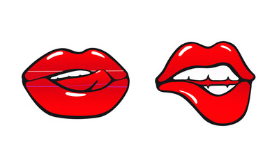 Red bitten and  licked lips. Set  of colored icons in cartoon style isolated on white background.