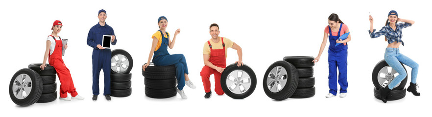 Collage with photos of young mechanics and tires on white background, banner design. Auto store
