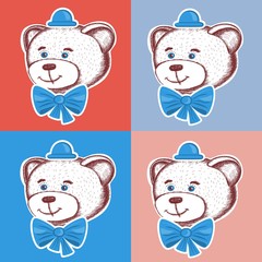 The head of a cute Teddy bear on an orange and blue background. pop art.Sketch. strokes. Hand drawing. vector