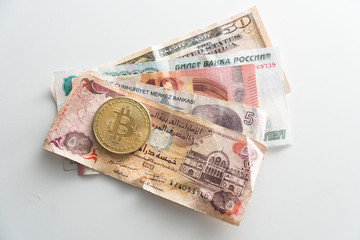 Banknotes of different countries of the world closeup on the table.