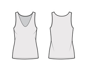 Cotton-jersey tank technical fashion illustration with relax fit, plunging V-neckline, sleeveless. Flat outwear camisole apparel template front, back grey color. Women men unisex shirt top CAD mockup 