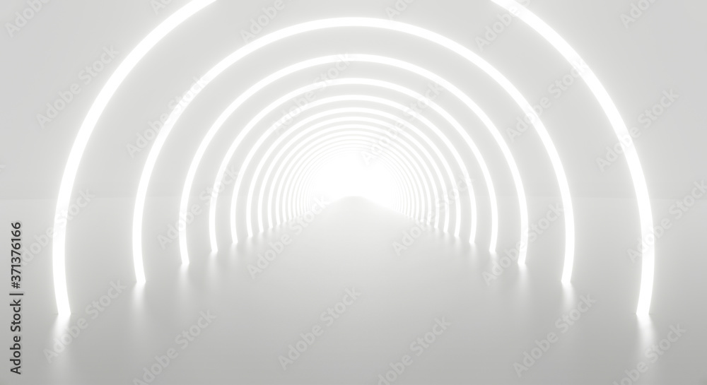 Wall mural abstract white light tunnel architecture background. 3d render.