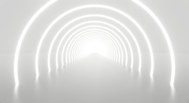 Fototapeta Abstract white light tunnel architecture background. 3d render.