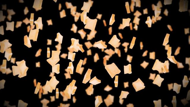 Flying many plain bread slices on black background. Foodstuff, Food and eating concept. 3D animation of wheat bread slice rotating. Loop animation.