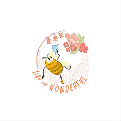 Cartoon character happy bumblebee in a hammock, drinking nectar from a glass through a straw, isolated sketch illustration in the shape of a circle with the slogan of a fat bee with a lazy lifestyle.