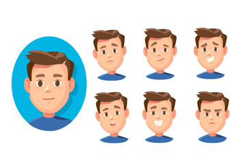 Collage of different face expressions icons avatars. Collection of man emotions. Face portrait.
