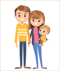 Portrait of happy family of 3 three members parents mom mother dad father and child kid son posing standing together mother with boy, child son on hands.