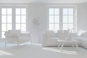 Stylish minimalist room with sofa in white color. Scandinavian interior design. 3D illustration