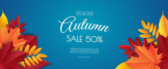 Autumn sale banner, fall season discount poster with falling leaves for shopping promotions,prints,flyers,invitations, special offer card.
