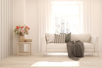 White stylish minimalist room with sofa. Scandinavian interior design. 3D illustration