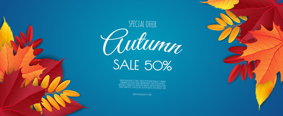 Autumn sale banner, fall season discount poster with falling leaves for shopping promotions,prints,flyers,invitations, special offer card.