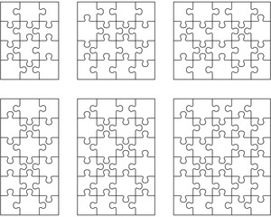Six different white jigsaw puzzles, separate pieces
