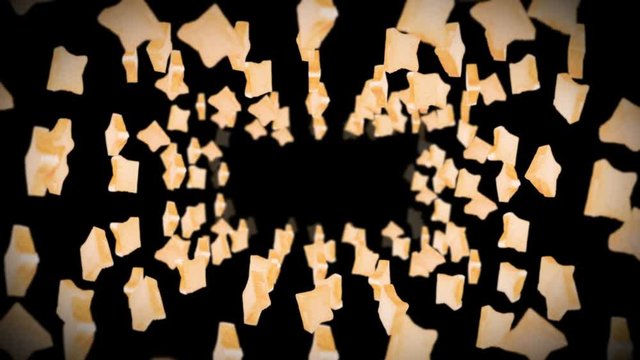 Flying many plain bread slices on black background. Foodstuff, Food and eating concept. 3D animation of wheat bread slice rotating. Loop animation.