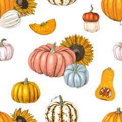 Seamless pattern with pumpkins and sunflowers