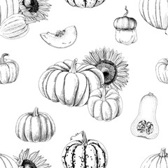 Seamless pattern with pumpkins and sunflowers