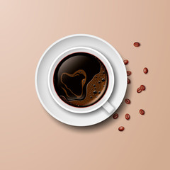 Cup of hot coffee with heart-shaped foam. Coffee beans. Vector illustration.