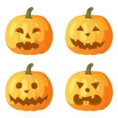 Set of orange pumpkins with smile on white background. Emotional face for design. Cartoon flat vector illustration.