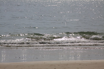 Wave on the sea. Asian seashore. Sandy beach. Summer landscape. Relax on the coastline.