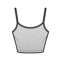 Ribbed cropped camisole technical fashion illustration with scoop neck, fitted knit body, waist length. Flat outwear basic tank apparel template front white color. Women men unisex shirt top mockup