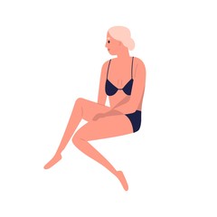 Retired elderly woman with white hair relaxing, sitting in underwear, beachwear. Aged body posititivity. Modern female with slim figure. Flat vector cartoon illustration isolated on white background