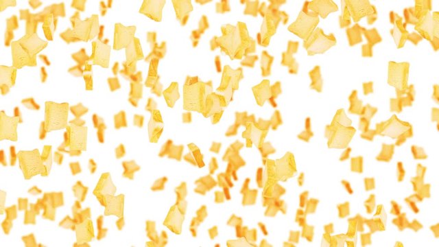 Flying many plain bread slices on black background. Foodstuff, Food and eating concept. 3D animation of wheat bread slice rotating. Loop animation.