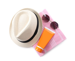 Composition with beach objects on white background, top view