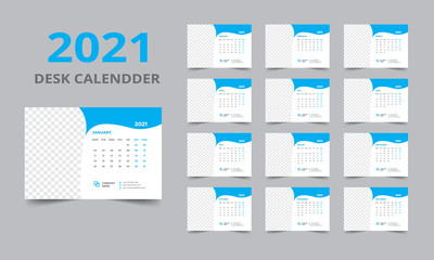 Fototapeta na wymiar Desk calendar design 2021 template Set of 12 Months, Week starts Monday, Stationery design, calendar planner 